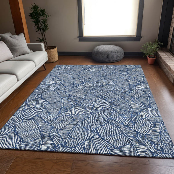 HomeRoots 10' X 14' Navy Blue and Ivory Floral Area Rug - Washable, UV-Protected, Stain Resistant, Durable Design 672623