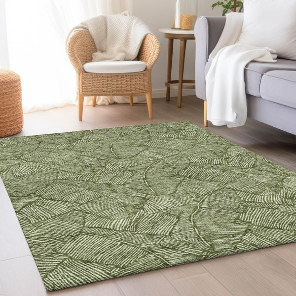 HomeRoots 9' X 12' Olive Green & Ivory Floral Area Rug - Washable, UV Protected, Stain Resistant, Durable Design 672628