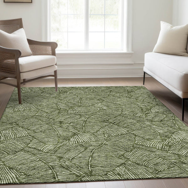 HomeRoots 9' X 12' Olive Green & Ivory Floral Area Rug - Washable, UV Protected, Stain Resistant, Durable Design 672628