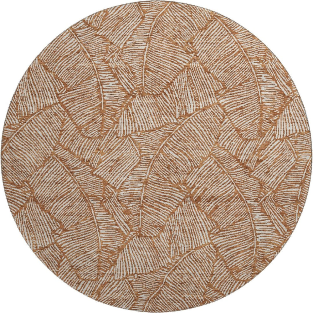 HomeRoots 8' Washable Round Rug in Rust & Beige Floral Design - UV Protected, Stain Resistant for Family Homes 672632