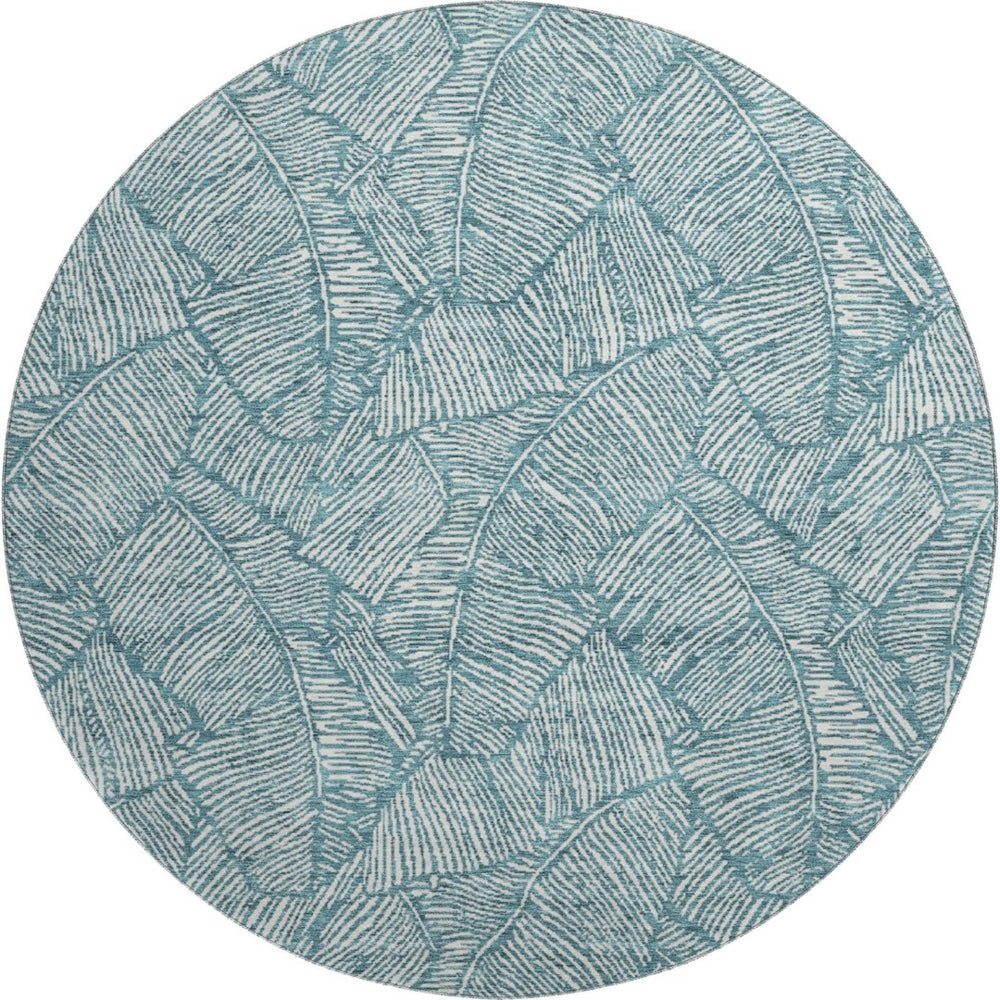HomeRoots 8' Teal And Ivory Floral Round Rug - Durable, Stain-Resistant, UV-Protected for Indoor-Outdoor Use 672650