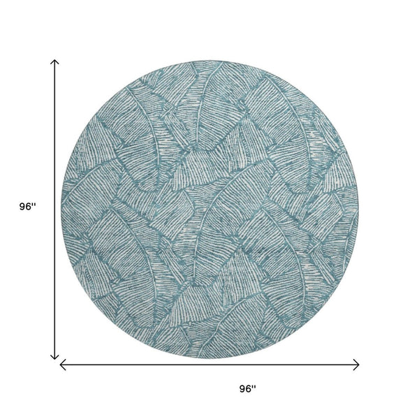 HomeRoots 8' Teal And Ivory Floral Round Rug - Durable, Stain-Resistant, UV-Protected for Indoor-Outdoor Use 672650