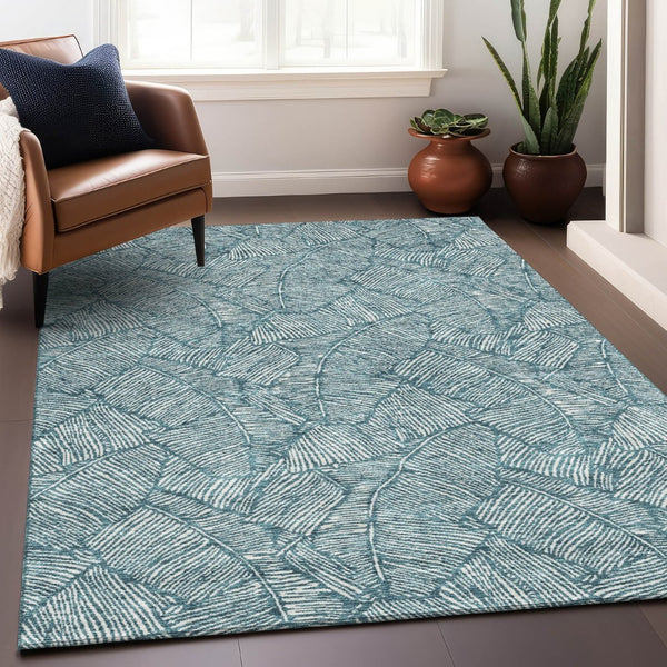 HomeRoots 10' X 14' Teal & Ivory Floral Area Rug – Washable, UV-Protected, Perfect for Family Living Spaces! 672653