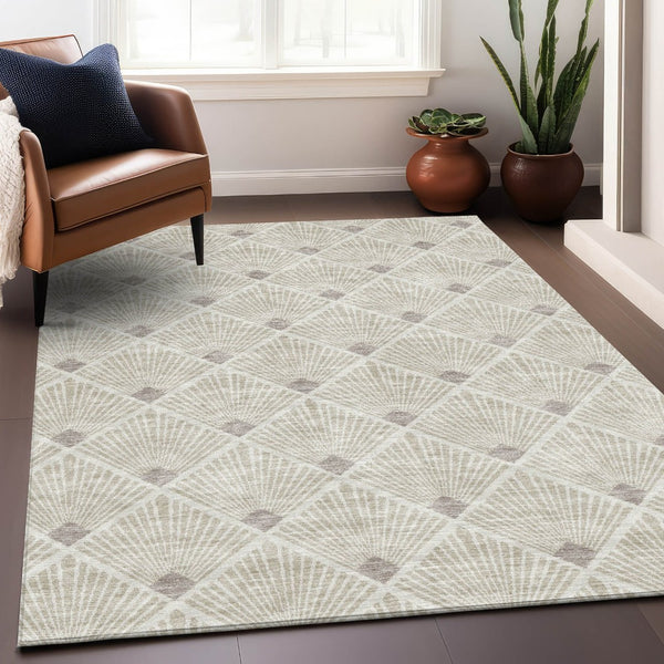 HomeRoots 5' X 8' Beige And Tan Abstract Geometric Washable Area Rug - Stain Resistant & UV Protected Design 672655