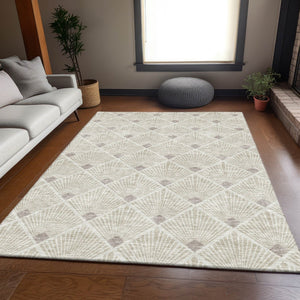 HomeRoots 5' X 8' Beige And Tan Abstract Geometric Washable Area Rug - Stain Resistant & UV Protected Design 672655