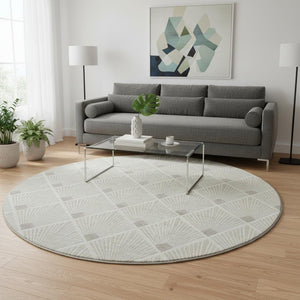 HomeRoots 8' Beige and Tan Abstract Geometric Round Rug - Washable, UV Protected, Stain Resistant & Soft 672656