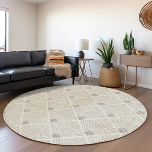 HomeRoots 8' Beige and Tan Abstract Geometric Round Rug - Washable, UV Protected, Stain Resistant & Soft 672656