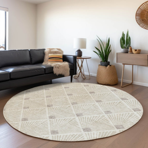 HomeRoots 8' Beige and Tan Abstract Geometric Round Rug - Washable, UV Protected, Stain Resistant & Soft 672656