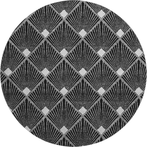 HomeRoots 8' Black and Ivory Abstract Geometric Round Rug - Washable, UV Protected, Durable for High-Traffic Areas 672662