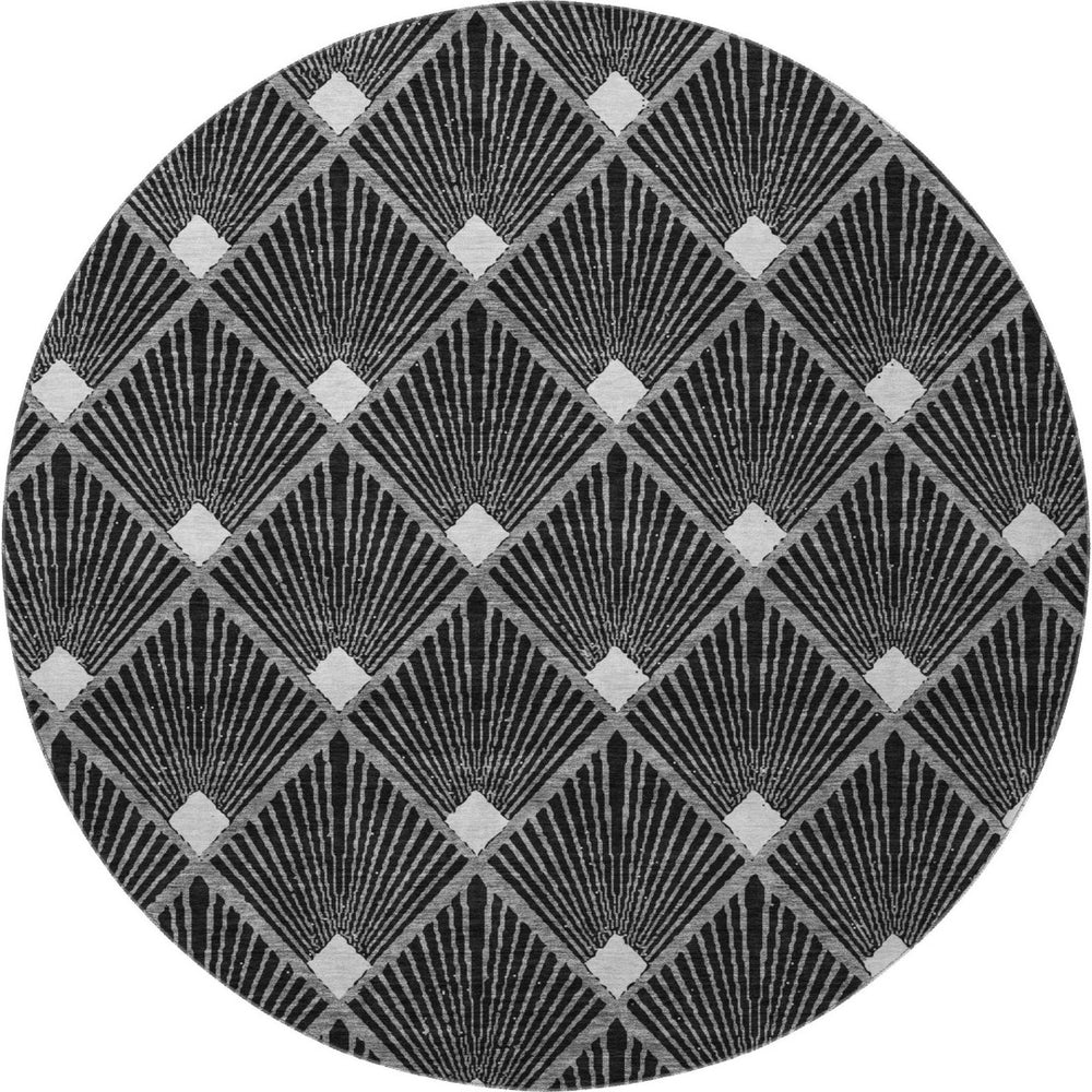 HomeRoots 8' Black and Ivory Abstract Geometric Round Rug - Washable, UV Protected, Durable for High-Traffic Areas 672662