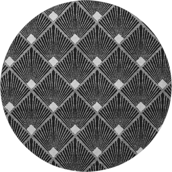 HomeRoots 8' Black and Ivory Abstract Geometric Round Rug - Washable, UV Protected, Durable for High-Traffic Areas 672662