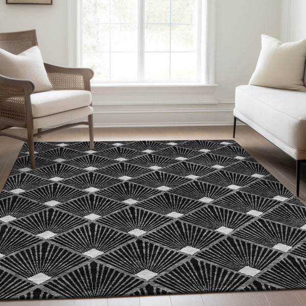 HomeRoots 9' X 12' Black And Ivory Abstract Geometric Washable Area Rug - Stylish, Durable, UV Protected Design 672664