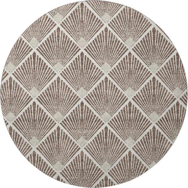 HomeRoots 8' Brown And Beige Abstract Geometric Round Rug – Washable, Durable, UV-Protected for All Spaces 672668