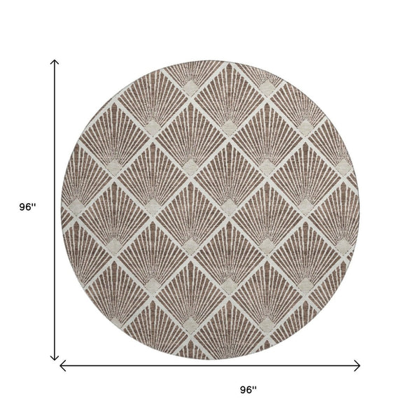 HomeRoots 8' Brown And Beige Abstract Geometric Round Rug – Washable, Durable, UV-Protected for All Spaces 672668