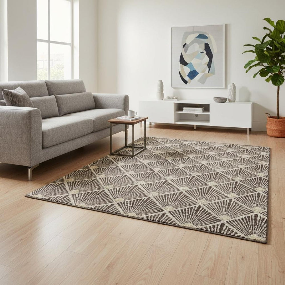 HomeRoots 5' X 8' Chocolate and Beige Geometric Area Rug – Durable, Stain-Resistant, UV-Protected for Homes 672673