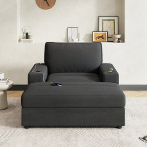 English Elm Christopher Knight Home® - 42.8" Oversized Chaise Lounge with Storage Ottoman, Corduroy Upholstery, USB Port & Cup Holders for Cozy Living Space Grey N765P350851G