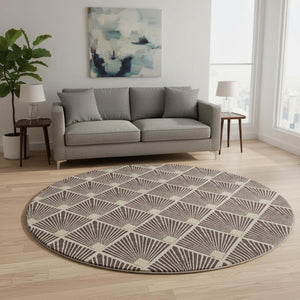 HomeRoots 8' Chocolate and Beige Round Rug - Stylish Geometric Design, Washable, UV Protected, and Pet-Friendly 672674