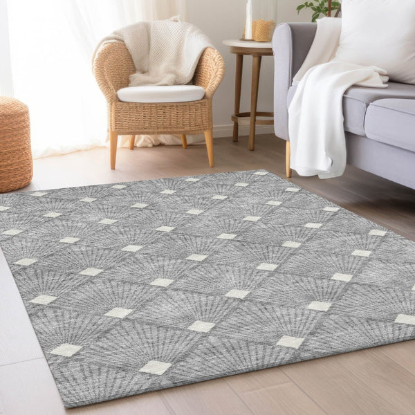 HomeRoots 9' X 12' Gray & Ivory Abstract Geometric Area Rug - Washable, UV-Protected, Durable for High-Traffic Homes 672682