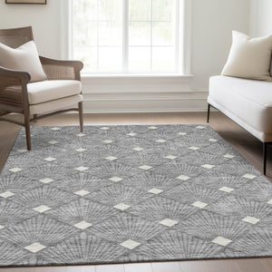 HomeRoots 9' X 12' Gray & Ivory Abstract Geometric Area Rug - Washable, UV-Protected, Durable for High-Traffic Homes 672682