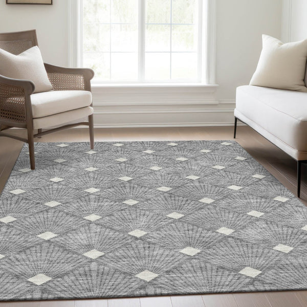 HomeRoots 9' X 12' Gray & Ivory Abstract Geometric Area Rug - Washable, UV-Protected, Durable for High-Traffic Homes 672682
