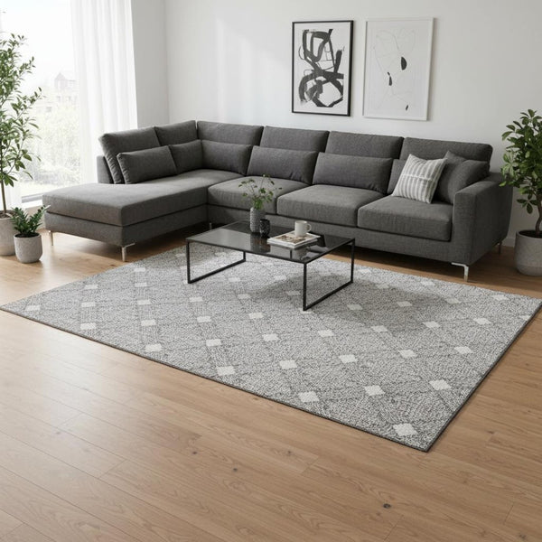 HomeRoots 10' X 14' Modern Gray and Ivory Abstract Geometric Area Rug - Washable, UV-Protected, Durable Design 672683