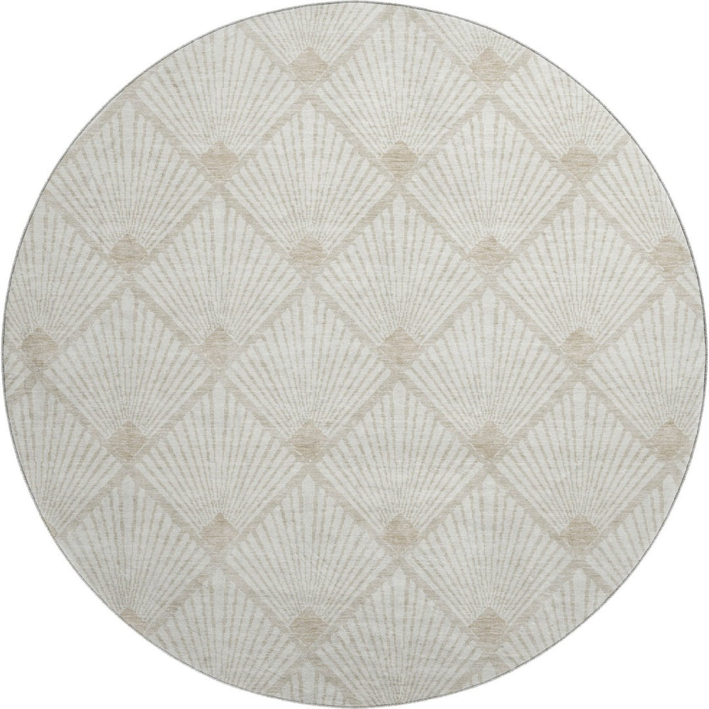 HomeRoots 8' Ivory and Beige Abstract Geometric Round Rug - Washable, UV-Protected, Durable for Busy Homes 672692
