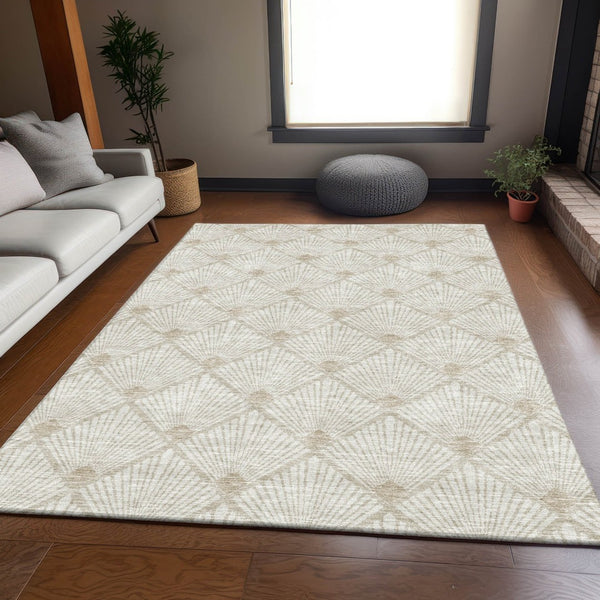 HomeRoots 9' X 12' Ivory and Beige Abstract Geometric Area Rug – Soft, Stain-Resistant, UV Protected for Homes 672694