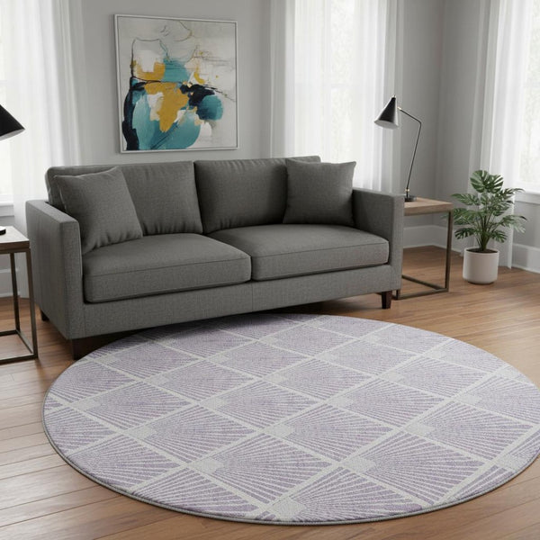 HomeRoots 8' Lavender and Ivory Abstract Geometric Round Rug - Washable, UV Protected, Durable for Family Spaces 672698
