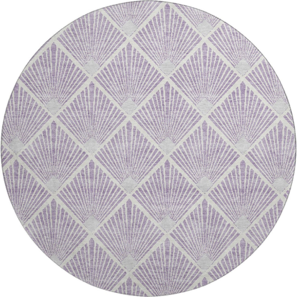 HomeRoots 8' Lavender and Ivory Abstract Geometric Round Rug - Washable, UV Protected, Durable for Family Spaces 672698