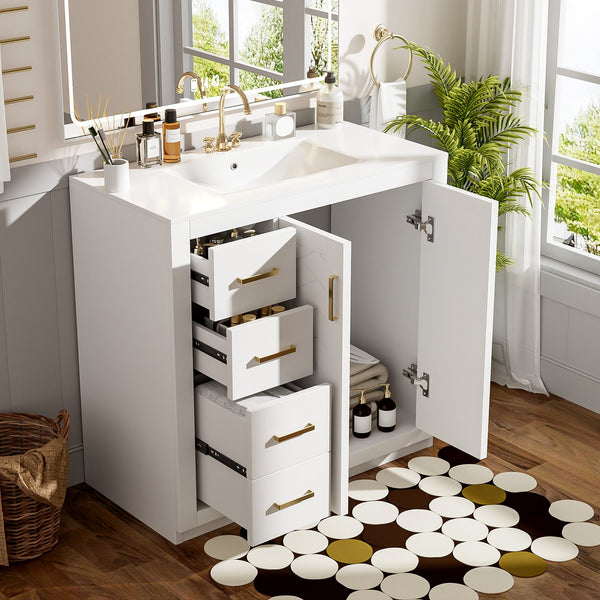 English Elm 36'' Bathroom Vanity with Ceramic Sink Combo, Solid Wood Frame, Soft-Close Drawers and Stylish Retro Groove Design White N710P291684K