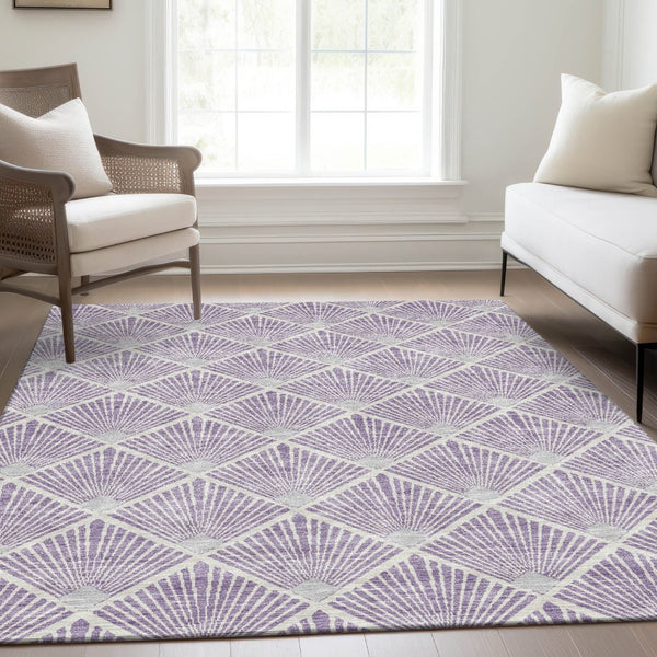 HomeRoots 10' X 14' Abstract Geometric Lavender & Ivory Area Rug - Washable, UV-Protected, Durable Design! 672701