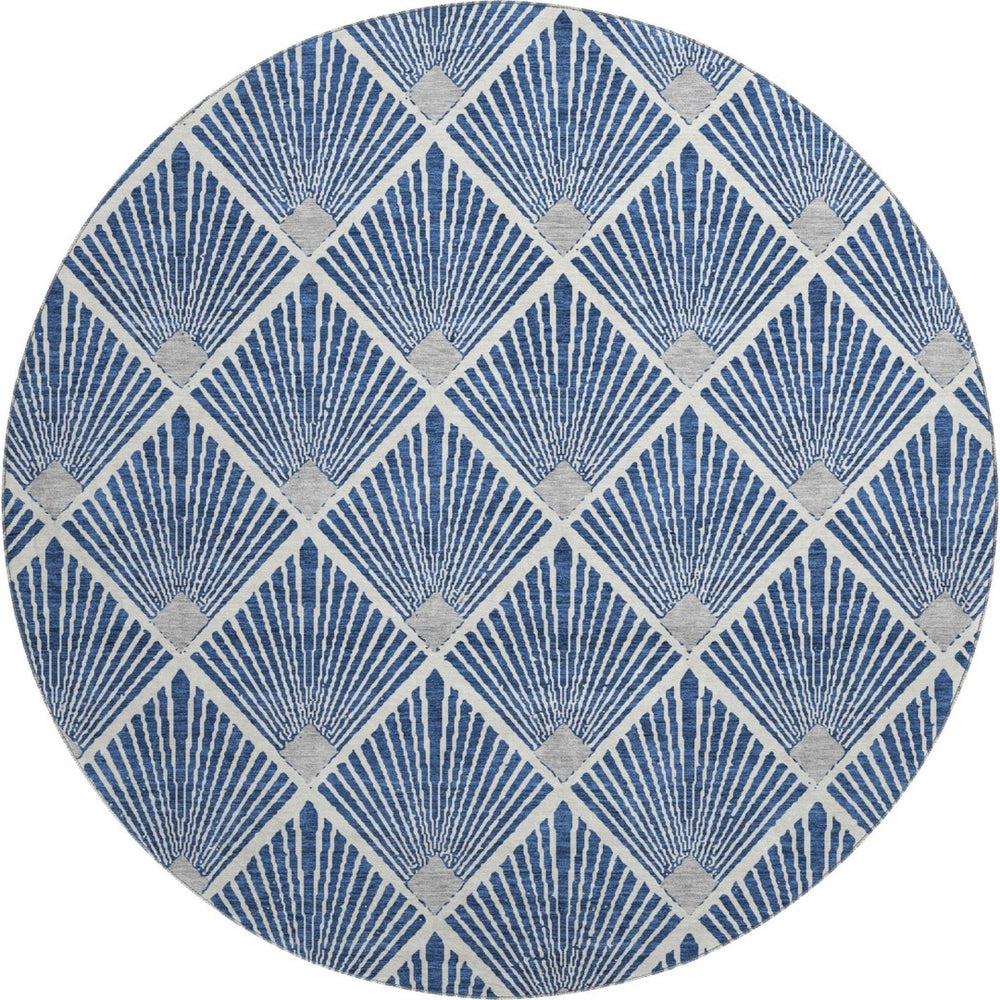 HomeRoots 8' Navy Blue & Ivory Abstract Geometric Round Rug - Washable, UV-Protected, Stain-Resistant Design! 672704
