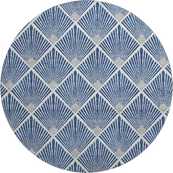 HomeRoots 8' Navy Blue & Ivory Abstract Geometric Round Rug - Washable, UV-Protected, Stain-Resistant Design! 672704