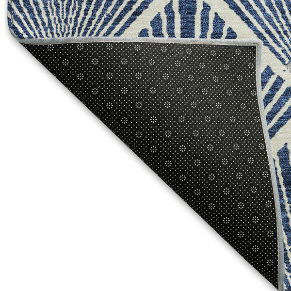 HomeRoots 8' Navy Blue & Ivory Abstract Geometric Round Rug - Washable, UV-Protected, Stain-Resistant Design! 672704