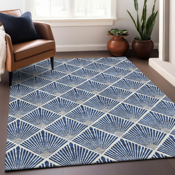 HomeRoots 8' X 10' Navy Blue & Ivory Geometric Washable Area Rug with UV Protection for Modern Living Spaces 672705
