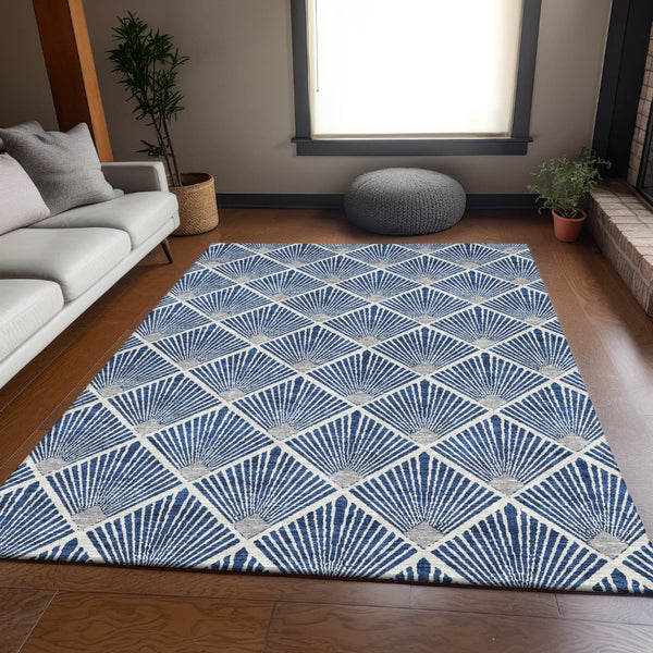 HomeRoots 8' X 10' Navy Blue & Ivory Geometric Washable Area Rug with UV Protection for Modern Living Spaces 672705