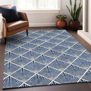 HomeRoots 9' X 12' Navy Blue and Ivory Abstract Geometric Area Rug - Washable, UV-Protected, Stain Resistant Decor 672706