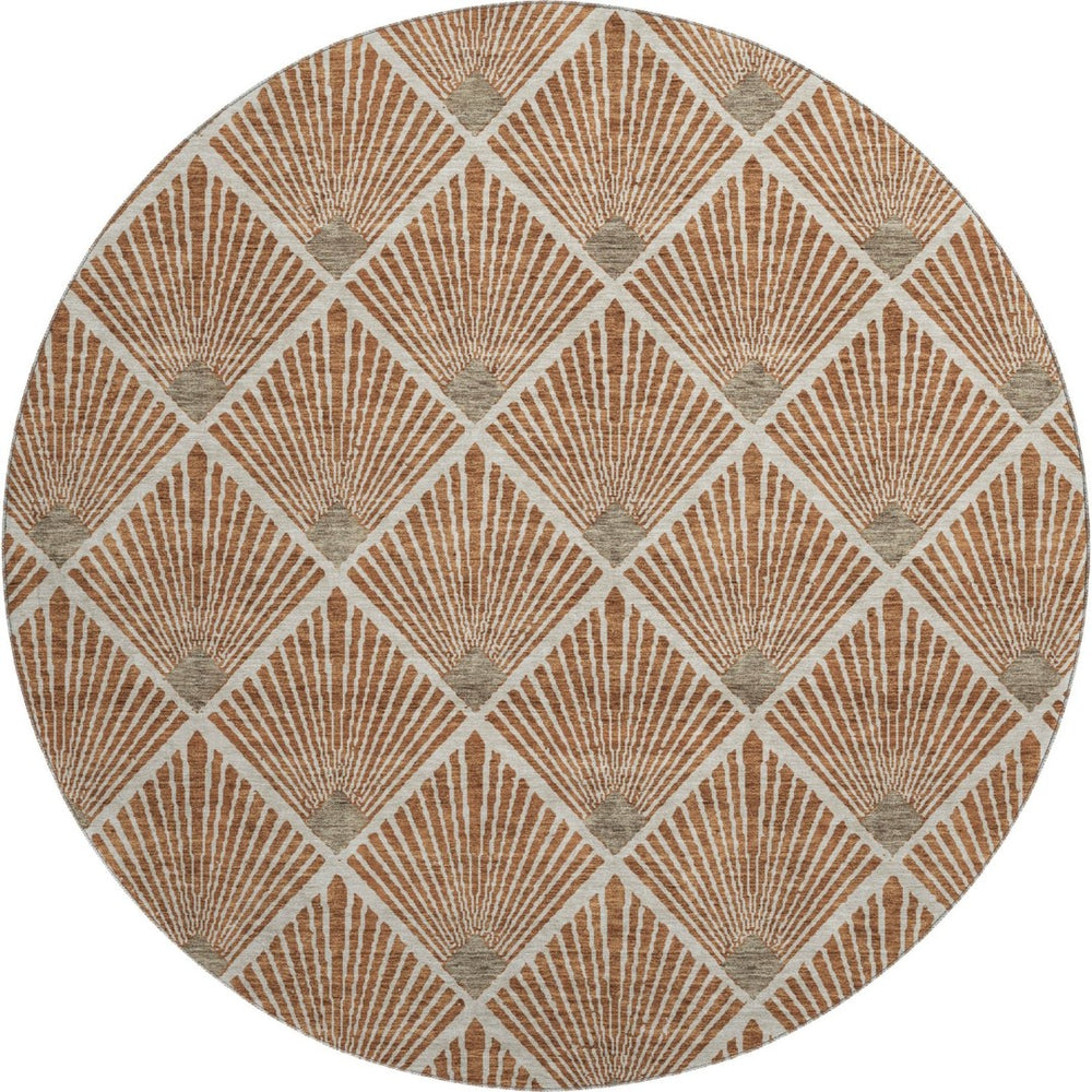 HomeRoots 8' Stylish Rust and Beige Abstract Geometric Round Rug - Washable, UV Protected, Stain-Resistant Design 672710