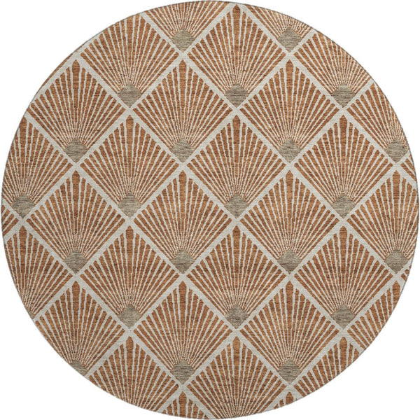 HomeRoots 8' Stylish Rust and Beige Abstract Geometric Round Rug - Washable, UV Protected, Stain-Resistant Design 672710