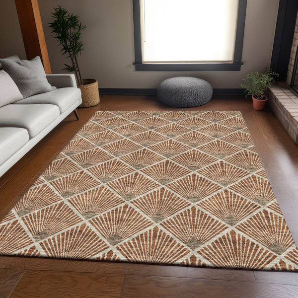 HomeRoots 8' X 10' Rust and Beige Abstract Geometric Area Rug – Washable, UV Protected, Ideal for Modern Spaces! 672711