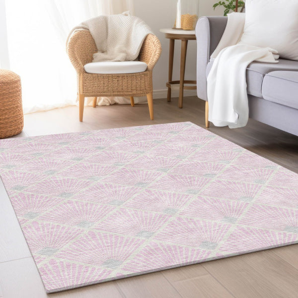 HomeRoots 5' X 8' Pink and Ivory Abstract Geometric Area Rug - Washable, UV Protected, Soft, and Stylish! 672715