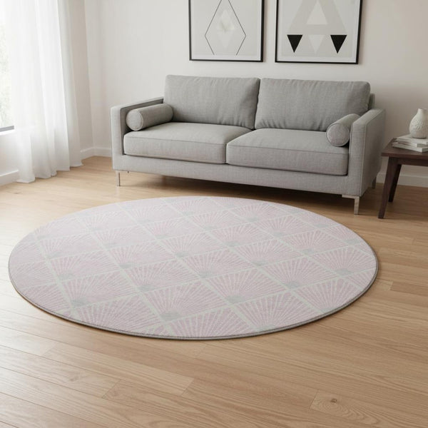 HomeRoots 8' Pink And Ivory Geometric Washable Round Rug - Durable, Stain-Resistant with UV Protection! 672716