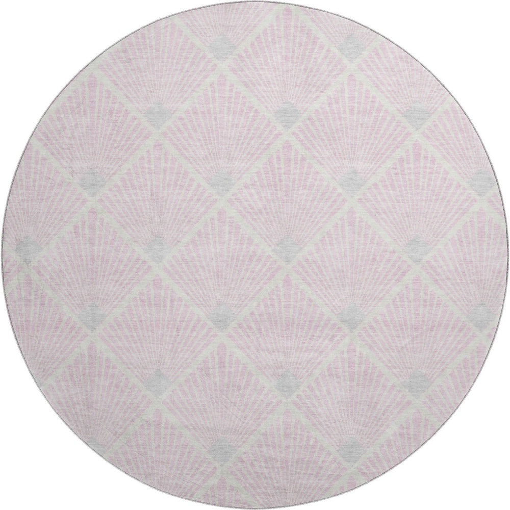 HomeRoots 8' Pink And Ivory Geometric Washable Round Rug - Durable, Stain-Resistant with UV Protection! 672716