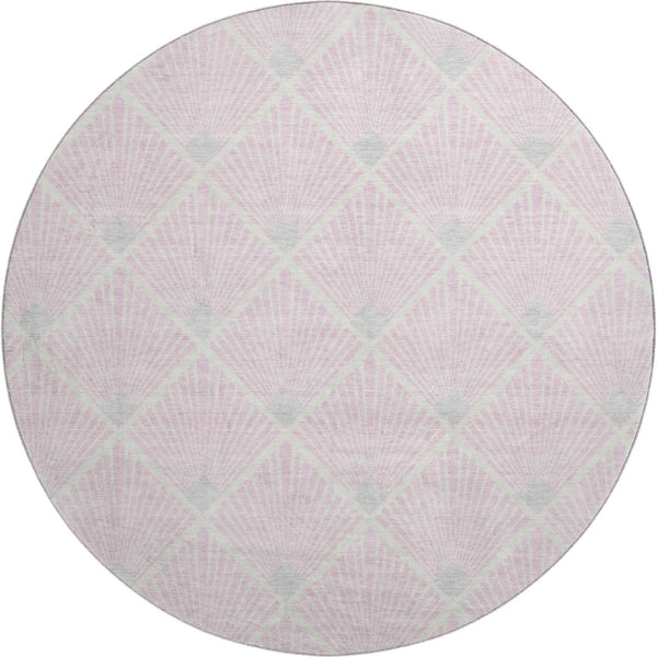 HomeRoots 8' Pink And Ivory Geometric Washable Round Rug - Durable, Stain-Resistant with UV Protection! 672716