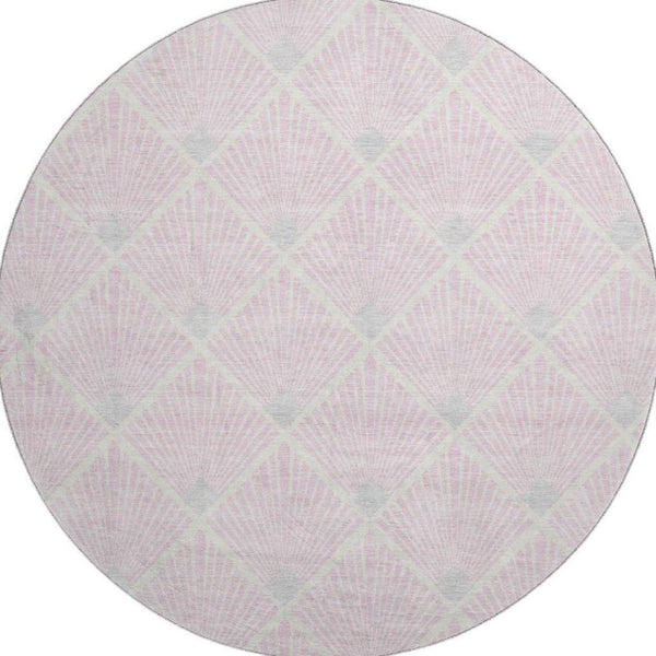 HomeRoots 8' Pink And Ivory Geometric Washable Round Rug - Durable, Stain-Resistant with UV Protection! 672716