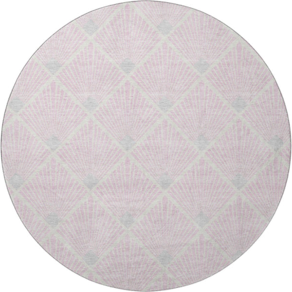 HomeRoots 8' Pink And Ivory Geometric Washable Round Rug - Durable, Stain-Resistant with UV Protection! 672716