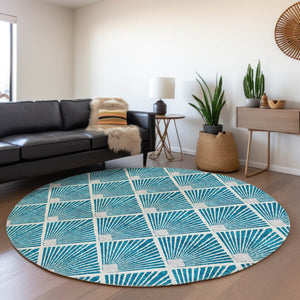 HomeRoots 8' Teal And Ivory Geometric Round Rug – Stylish, Stain-Resistant, Low-Pile with UV Protection for All Spaces 672722