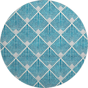 HomeRoots 8' Teal And Ivory Geometric Round Rug – Stylish, Stain-Resistant, Low-Pile with UV Protection for All Spaces 672722