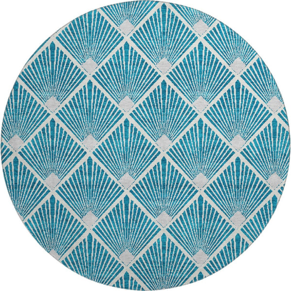HomeRoots 8' Teal And Ivory Geometric Round Rug – Stylish, Stain-Resistant, Low-Pile with UV Protection for All Spaces 672722