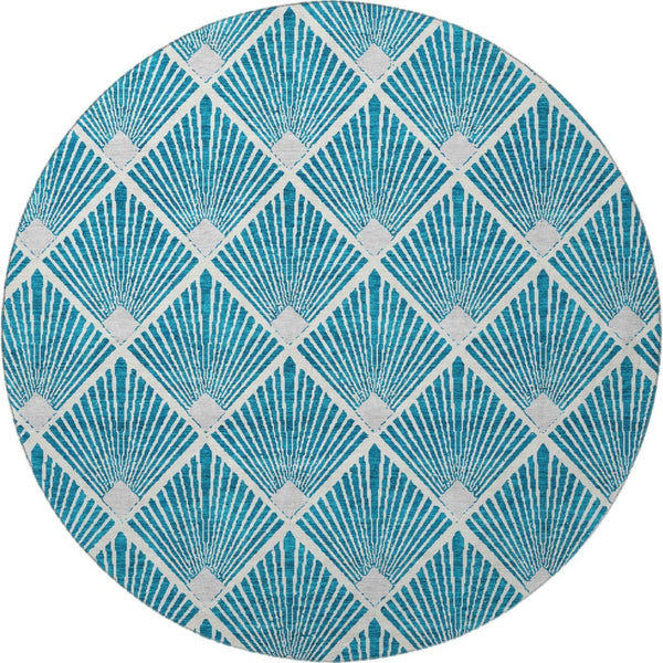 HomeRoots 8' Teal And Ivory Geometric Round Rug – Stylish, Stain-Resistant, Low-Pile with UV Protection for All Spaces 672722